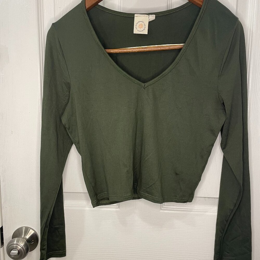 Dark Green V Neck Long Sleeve Crop